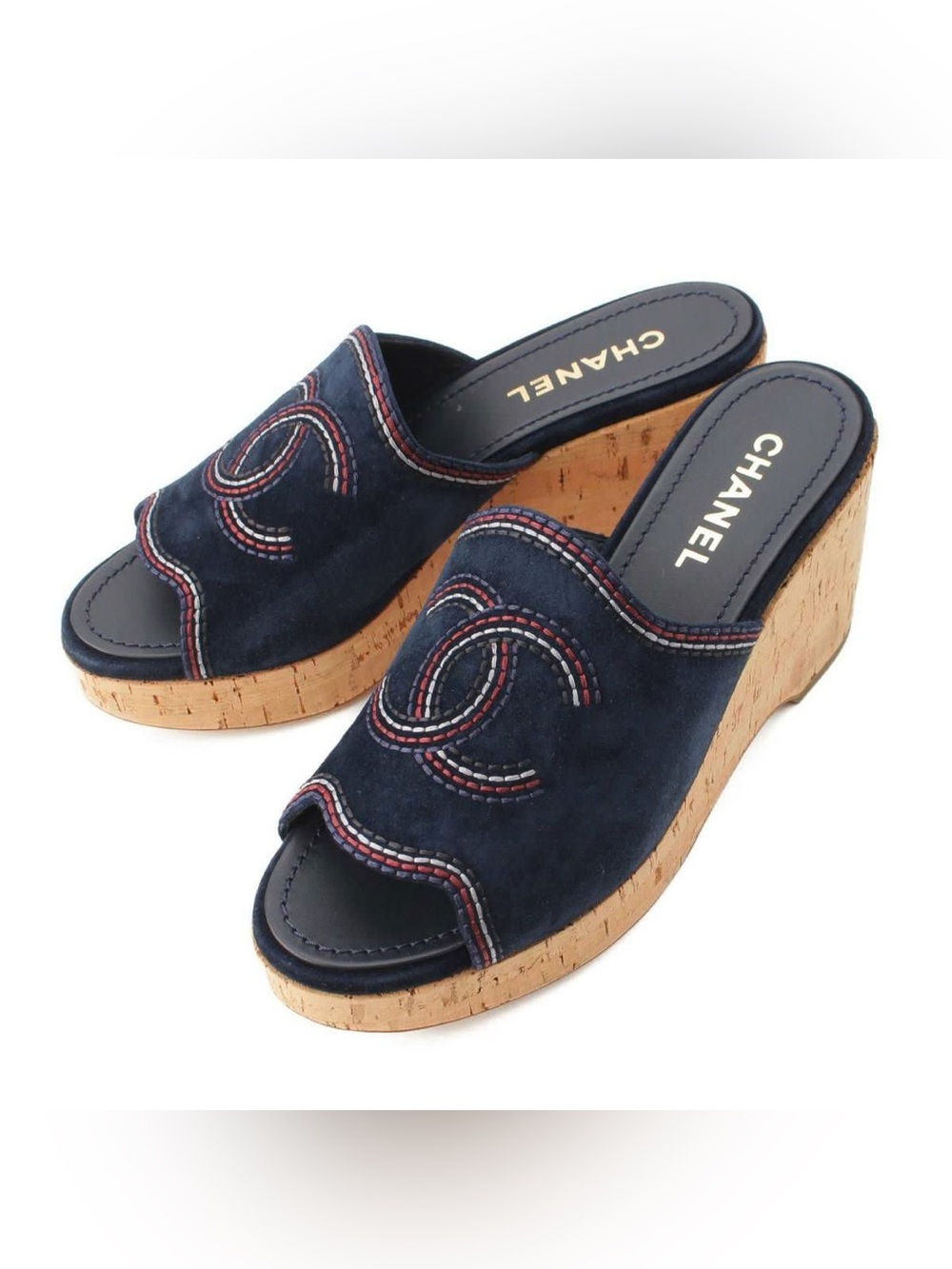CHANEL Navy Suede Cork Platform Wedge Mules with Embroidered CC